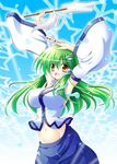  armpits arms_up breasts cleavage detached_sleeves frog gohei groin highres kochiya_sanae large_breasts long_hair midriff navel no_panties open_mouth osashin_(osada) smile snake solo star touhou 