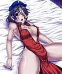 armpits bare_shoulders bed_sheet beret blue_eyes blue_hair breasts chinese_clothes cleavage covered_nipples dress hat jiangshi kuon_yashiro large_breasts lying miyako_yoshika no_bra no_panties ofuda on_back open_clothes open_dress open_mouth pale_skin pelvic_curtain pointy_ears red_dress short_hair sleeveless sleeveless_dress solo spread_legs star thick_thighs thighs touhou 