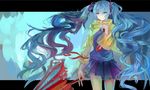  absurdres blue_eyes blue_hair closed_umbrella derivative_work hatsune_miku highres huanghongqiang long_hair nail_polish necktie raincoat skirt smile solo twintails umbrella very_long_hair vocaloid 