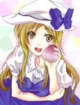  blonde_hair brown_eyes collarbone food fruit hat holding holding_food holding_fruit long_hair peach solo touhou watatsuki_no_toyohime 