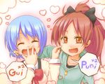  ^_^ bad_id bad_pixiv_id blue_hair cheek_pinching cheek_poking closed_eyes hair_ornament hair_ribbon hairclip jacket kashipam003 long_hair mahou_shoujo_madoka_magica miki_sayaka multiple_girls open_mouth pinching poking ponytail red_eyes red_hair ribbon sakura_kyouko school_uniform short_hair 