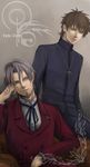  bad_id bad_pixiv_id bangs brown_eyes brown_hair command_spell copyright_name cross facial_hair fate/zero fate_(series) formal goatee highres kotomine_kirei male_focus multiple_boys parted_bangs realistic ribbon sitting sky232 suit toosaka_tokiomi 