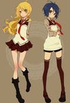  :3 ahoge arms_behind_back black_hair blonde_hair boots brown_legwear crossed_arms green_eyes hoshii_miki idolmaster idolmaster_(classic) kikuchi_makoto knee_boots legs long_hair mary_janes mochizuki_kei multiple_girls necktie shoes short_hair skirt standing thighhighs 