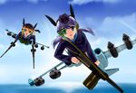  cloud day flying full_body grenade_launcher gun hair_ornament hat head_mounted_display head_wings load_bearing_vest military military_uniform mizuki_(mizuki_ame) multiple_girls ocean sky strike_witches_1991 striker_unit su-25 twintails uniform weapon world_witches_series 