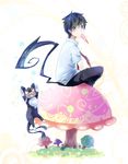  ao_no_exorcist bad_id bad_pixiv_id black_hair blue_eyes cat food jumping kokoroko kuro_(ao_no_exorcist) looking_at_viewer male_focus mushroom necktie okumura_rin pointy_ears popsicle school_uniform sitting solo striped striped_neckwear tail 