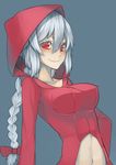  blush braid breasts hood impossible_clothes kanna_raion little_red_riding_hood little_red_riding_hood_(grimm) long_hair looking_at_viewer medium_breasts navel original red_eyes silver_hair simple_background single_braid smile solo 