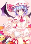  1girl absurdres azumi_kazuki bat_wings blue_hair blush brooch clothes_lift commentary_request dress dress_lift fang food fork frills hat highres jewelry looking_at_viewer mary_janes open_mouth remilia_scarlet shoes short_hair simple_background sitting solo touhou wings wrist_cuffs 