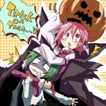  2girls animal_ears antennae asphyxiation blush cape carrying failure foaming_at_the_mouth green_hair halloween headlock jack-o'-lantern kuroneko_no_toorimichi leg_lock multiple_girls mystia_lorelei pink_eyes pink_hair plaid plaid_background pumpkin pumpkin_hat short_hair shoulder_carry sitting sitting_on_person strangling touhou trick_or_treat turn_pale wriggle_nightbug wrist_cuffs yellow_background 