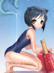  animal_ears arcana_heart backpack bad_id bad_pixiv_id bag barefoot black_hair cat_ears daidouji_kira grin highres kneeling milk one-piece_swimsuit peacemaker777 randoseru school_swimsuit short_hair smile solo swimsuit yellow_eyes 