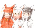 3girls alternate_hairstyle bangs bird_tail bird_wings black-headed_ibis_(kemono_friends) black_hair blush braid commentary_request eyebrows_visible_through_hair frilled_sleeves frills fur_collar hair_bobbles hair_ornament hair_tie hands_on_hips head_wings japanese_crested_ibis_(kemono_friends) kemono_friends long_sleeves moeki_(moeki0329) multicolored_hair multiple_girls neck_ribbon one_eye_closed red_hair ribbon scarlet_ibis_(kemono_friends) short_hair sidelocks smile twin_braids twintails twintails_day upper_body white_hair wings 