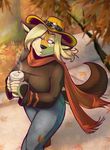  autumn beverage blonde_hair blue_eyes breasts canine coffee dog female hair hat mammal one_eye_closed outside scappo scarf solo steam sweater tail 