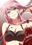  bare_shoulders blood bra gasai_yuno lingerie long_hair mirai_nikki pink_eyes pink_hair smile solo ui_(majiwi) underwear weapon yandere 