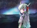  baten_(gei-vorugu) blurry depth_of_field ex-keine flower glowing hair_flower hair_ornament highres horns kamishirasawa_keine long_hair looking_at_viewer looking_back night red_eyes scenery sky solo star_(sky) starry_sky touhou upper_body village wallpaper 