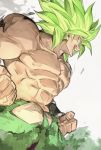  2boys abs broly_(dragon_ball_super) clenched_hand dragon_ball dragon_ball_super_broly evil_smile fingernails frown green_hair male_focus multiple_boys muscle no_pupils profile shirtless smile spiked_hair super_saiyan yunar 