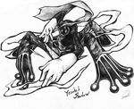  all_fours alternate_form dark_persona foreshortening gloves graphite_(medium) greyscale hanamura_yousuke highres monochrome monster no_humans persona persona_4 samidare_satsuki scarf signature smoke solo traditional_media 