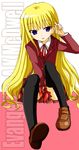  blonde_hair blue_eyes character_name covering covering_crotch evangeline_a_k_mcdowell kiiro loafers long_hair mahora_academy_middle_school_uniform mahou_sensei_negima! school_uniform shoes solo thighhighs very_long_hair 