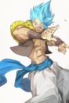  1boy abs blue_eyes blue_hair clothes_lift dragon_ball dragon_ball_super_broly fighting_stance fingernails frown gogeta grin looking_away male_focus outstretched_arms pants shaded_face shirtless short_hair simple_background smile spiked_hair super_saiyan_blue waistcoat white_background white_pants wristband yunar 