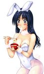  2011 animal_ears black_hair blue_eyes blush breasts bunny_ears bunny_tail bunnysuit chopsticks cleavage eating food kamia_(not_found) long_hair medium_breasts mochi moon moon_rabbit original pantyhose solo tail wagashi white_legwear yukino_sayuri 