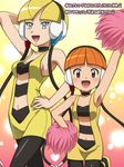  2girls armpits arms_up awa blonde_hair blue_eyes brown_eyes cosplay extra gym_leader hand_on_hip happy headphones heart hips kamitsure_(pokemon) kamitsure_(pokemon)_(cosplay) multiple_girls navel open_mouth orange_hair pokemon pokemon_(anime) pokemon_(game) pokemon_bw pom_poms short_hair 