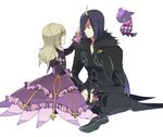  1girl ahoge black_hair blonde_hair bow cloak coat creature cropped_jacket dress elize_lutus frills full_body fur_trim hand_on_another's_face hiyokko_ep kneeling long_hair multicolored_hair pants ribbon tales_of_(series) tales_of_xillia teepo_(tales) two-tone_hair wingul_(tales) 