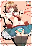  :p absurdres alice_margatroid ascot benio_(dontsugel) blonde_hair bow breasts cameltoe capelet frills hairband highres jumping medium_breasts midriff necktie panties red_eyes short_hair skirt solo string striped striped_panties thighhighs tongue tongue_out touhou underboob underwear 