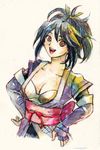  black_hair breasts brown_eyes cleavage hands_on_hips happy japanese_clothes long_hair open_mouth sheena_fujibayashi solo tales_of_(series) tales_of_symphonia 