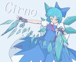  blue_eyes blue_hair cirno fingerless_gloves ginko_(nico) gloves hair_ribbon ice ice_wings ribbon solo touhou wings 