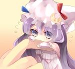  bad_id bad_pixiv_id blue_eyes chibi close-up crescent fingers flying_sweatdrops hands hat long_hair mihatarou minigirl patchouli_knowledge purple_hair simple_background solo touhou 