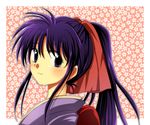  blue_eyes blush female japanese_clothes kamiya_kaoru kimono long_hair looking_back mappou pink_ribbon ponytail purple_hair ribbon rurouni_kenshin solo 