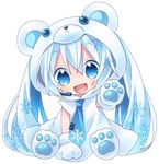  alternate_hair_color animal_costume blue_eyes blue_hair chibi gloves hatsune_miku headset highres kagami_leo long_hair necktie open_mouth paw_gloves paws simple_background smile snowflakes solo traditional_media twintails very_long_hair vocaloid yuki_miku 