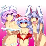  animal_ears breasts bunny_ears cleavage collarbone commentary_request covering covering_crotch crossed_arms flat_chest gomi_ichigo groin hair_over_breasts hat highres large_breasts letty_whiterock long_hair multiple_girls navel nude open_mouth purple_eyes purple_hair red_eyes reisen_udongein_inaba remilia_scarlet short_hair smile take_your_pick touhou v_arms wings 