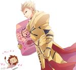  armor bad_id bad_pixiv_id blonde_hair earrings fate/stay_night fate/zero fate_(series) food gilgamesh irono_(irtyu) jewelry lion male_focus red_eyes solo 