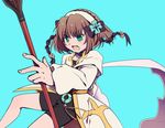  :o angry bad_id bad_pixiv_id bike_shorts bow braid brown_hair coat dorosousu flower green_eyes hair_flower hair_ornament hair_ribbon hairband leia_rolando no_pupils open_mouth ribbon rod short_hair simple_background solo tales_of_(series) tales_of_xillia 