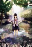  bad_id bad_pixiv_id black_hair bow brown_eyes ichiko_oharu long_hair nature open_clothes open_shirt original pleated_skirt rain resized school_uniform shirt skirt solo very_long_hair wading water 