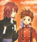  2boys age_difference belt bird birds brown_eyes brown_hair cloud clouds eyes_closed father_and_son fingerless_glovers fingerless_gloves gloves kratos_aurion lloyd_irving male male_focus multiple_boys red_hair sunset suspenders tales_of_(series) tales_of_series tales_of_symphonia 