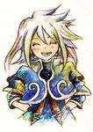  blush eyes_closed genis_sage genius_sage grin hands_on_hips male male_focus short_hair silver_hair smile solo tales_of_(series) tales_of_symphonia 