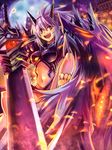  :d altea armor barefoot breasts edobox embers full_moon horns medium_breasts moon navel open_mouth pixiv_fantasia pixiv_fantasia_wizard_and_knight pointy_ears purple_hair red_eyes single_eye smile solo sword weapon 