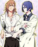  apron bad_id bad_pixiv_id blonde_hair blue_eyes blue_hair cooking earrings hijirikawa_masato jewelry jinguuji_ren ladle long_hair male_focus multiple_boys plaid smile uta_no_prince-sama yuzumame 