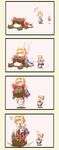  2girls 4koma alice_margatroid apron ascot blonde_hair blue_dress blush bow brown_hair capelet comic dress hair_bow hair_tubes hairband hakurei_reimu highres lifting lying mochinabe multiple_girls o_o on_stomach open_mouth shanghai_doll silent_comic sleeping surprised touhou |_| 