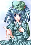  aqua_eyes aqua_hair bad_id bad_pixiv_id hair_bobbles hair_ornament hat kawashiro_nitori outstretched_hand solo tabuchi_(tabuchisanchi) touhou two_side_up 