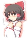  ascot black_eyes black_hair blush bow detached_sleeves dress hair_bow hair_tubes hakurei_reimu hands_on_own_chest lockheart red_dress short_hair solo touhou translated 