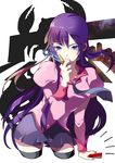  bakemonogatari blue_eyes boxcutter crab himi_(himimiya) long_hair monogatari_(series) purple_hair scissors senjougahara_hitagi silhouette solo stapler thighhighs 