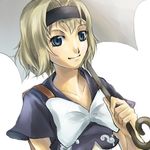  blonde_hair blue_eyes blush female headband jing_king_of_bandits lowres ribbon short_hair smile solo umbrella 