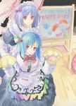  alternate_headwear apron bad_id bad_pixiv_id blue_hair board chalkboard dress food fruit hinanawi_tenshi long_hair maid maid_headdress multiple_girls nagae_iku no_hat no_headwear peach purple_hair red_eyes short_hair sitting smile sxbzero touhou traditional_media watercolor_(medium) 