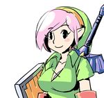  blush breasts cleavage genderswap hat large_breasts link pink_hair pointy_ears shield smile sword the_legend_of_zelda tunic weapon 