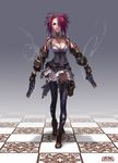  anima belt black_legwear boots breasts cleavage corset detached_sleeves dual_wielding earrings gloves gradient_hair gun hair_over_one_eye highres holding holster jewelry kira_(anima) large_breasts multicolored_hair pouch purple_eyes skirt smoke solo spiked_hair tattoo thighhighs torn_clothes weapon wen-m 