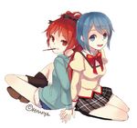  back-to-back blue_eyes blue_hair food himaya indian_style long_hair mahou_shoujo_madoka_magica miki_sayaka mouth_hold multiple_girls pocky ponytail red_eyes red_hair sakura_kyouko school_uniform short_hair sitting wariza 