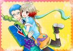  1girl aerialsoul blue_eyes blue_hair blue_shirt border brown_eyes coat glasses gloves hubert_ozwell multicolored_hair pascal pink_border pointing red_hair shirt shoes short_hair shorts standing standing_on_one_leg tales_of_(series) tales_of_graces two-tone_hair white_hair yellow_background 