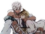  ali_baba_saluja blonde_hair chain dark_skin dark_skinned_male earrings jewelry magi_the_labyrinth_of_magic male_focus multiple_boys sharrkan subaru_(hz) white_hair yaoi yellow_eyes 