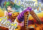  boot boots bow candy crown english female green_eyes green_hair hair_bow halloween hmk84 long_hair open_mouth original pumpkin sitting solo striped striped_legwear striped_thighhighs thighhighs twintails 